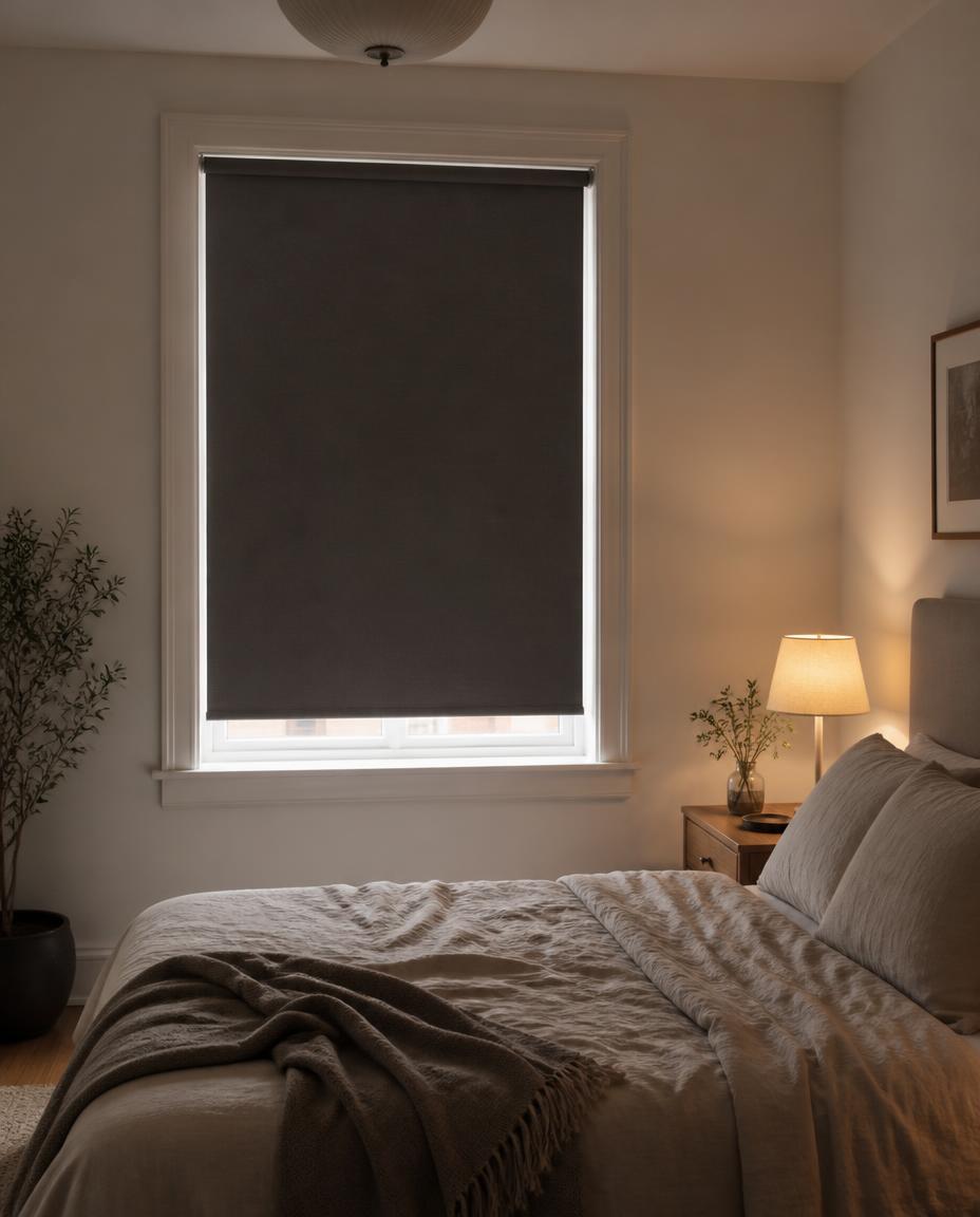Dark bedroom with a blackout shade fully lowered