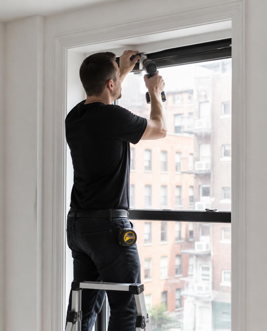Installer mounting a shade in a New York apartment