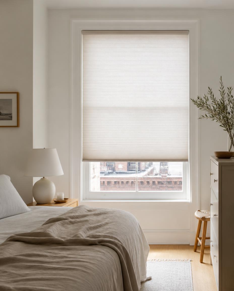 White cellular shades in a bedroom