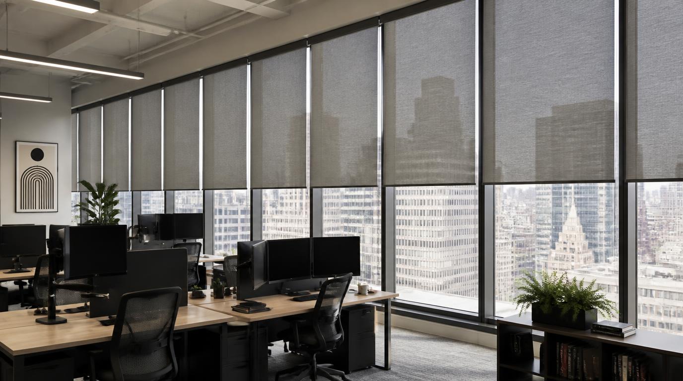 Office with roller shades on large windows in New York