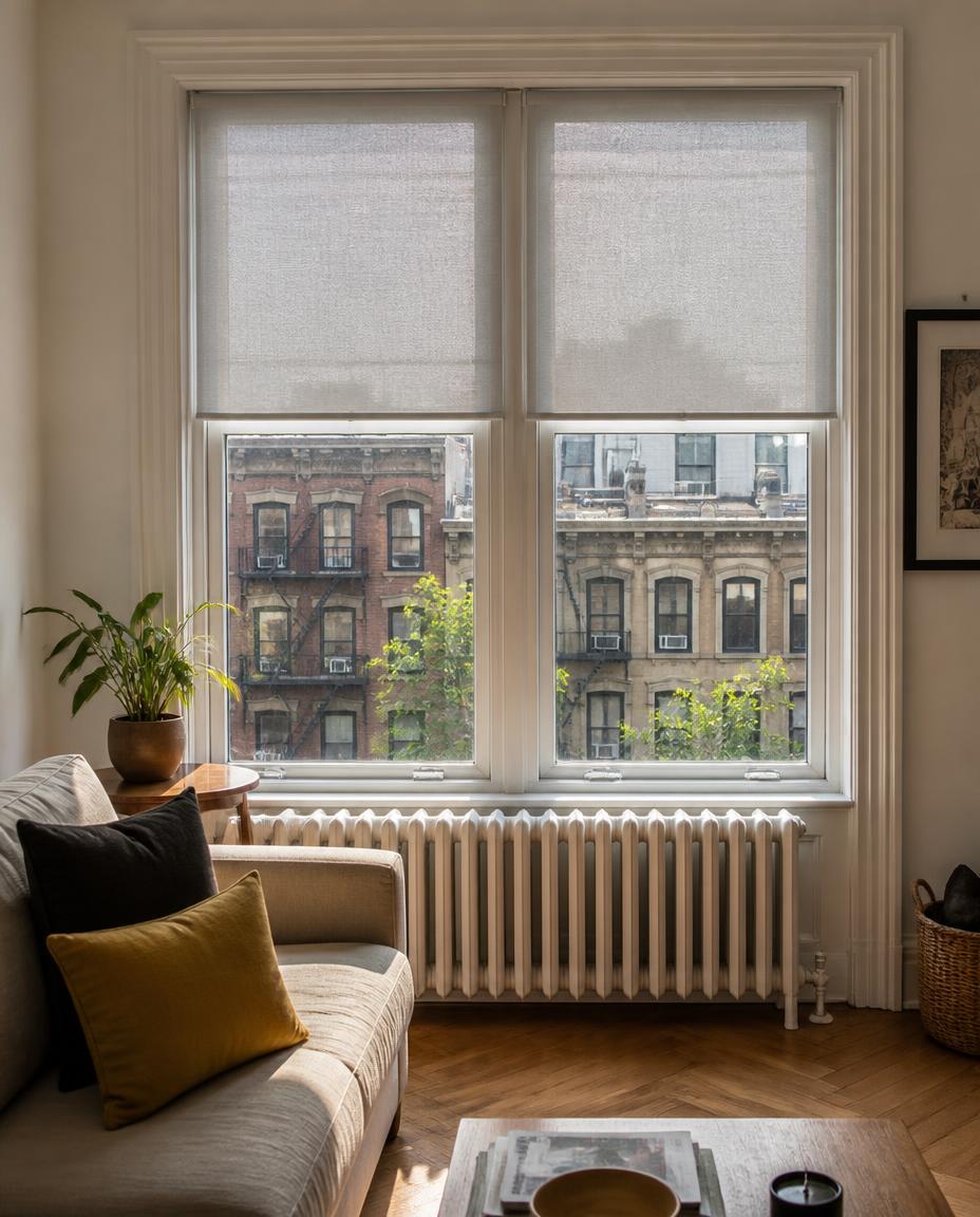 NYC living room with grey solar roller shades on a large prewar window