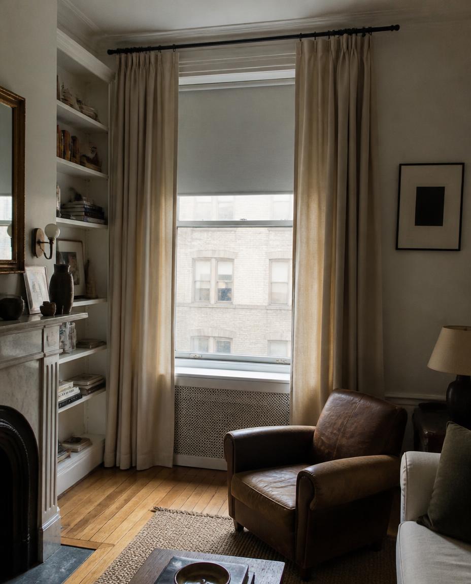 Floor-length linen drapes framing a large window in a New York living room