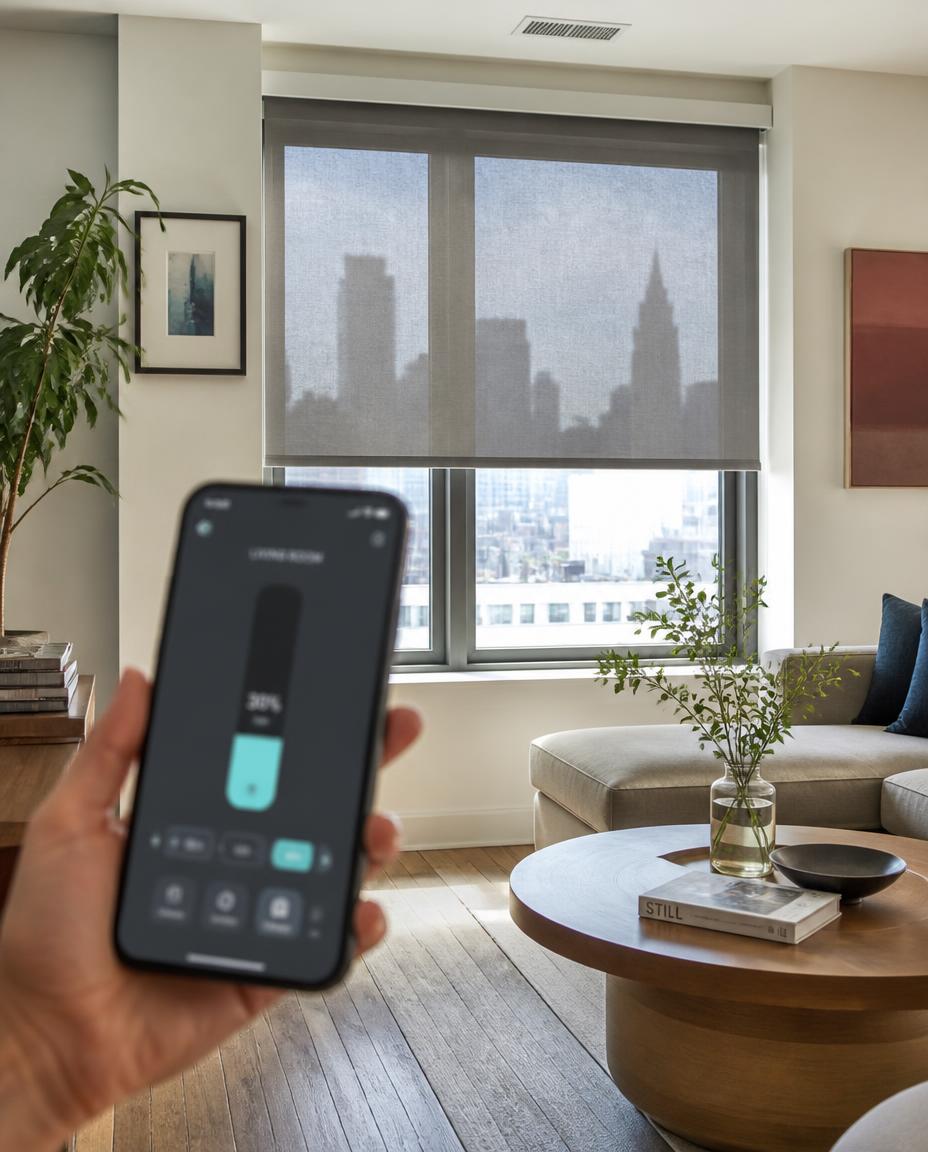 Person lowering a motorized shade from a phone app