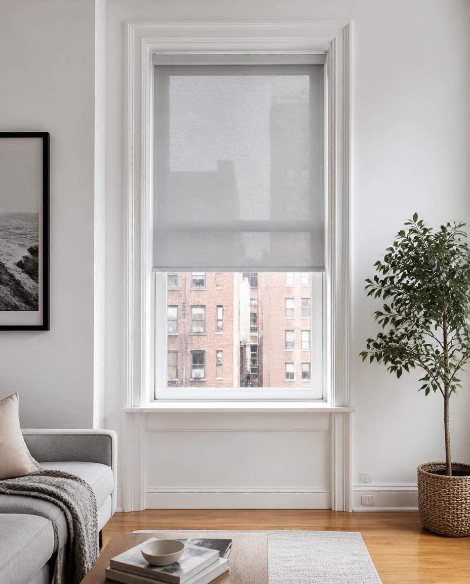 Grey solar roller shade on an apartment window