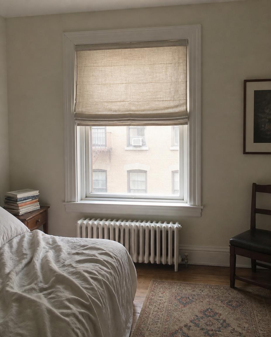 Linen Roman shade half raised in a New York bedroom