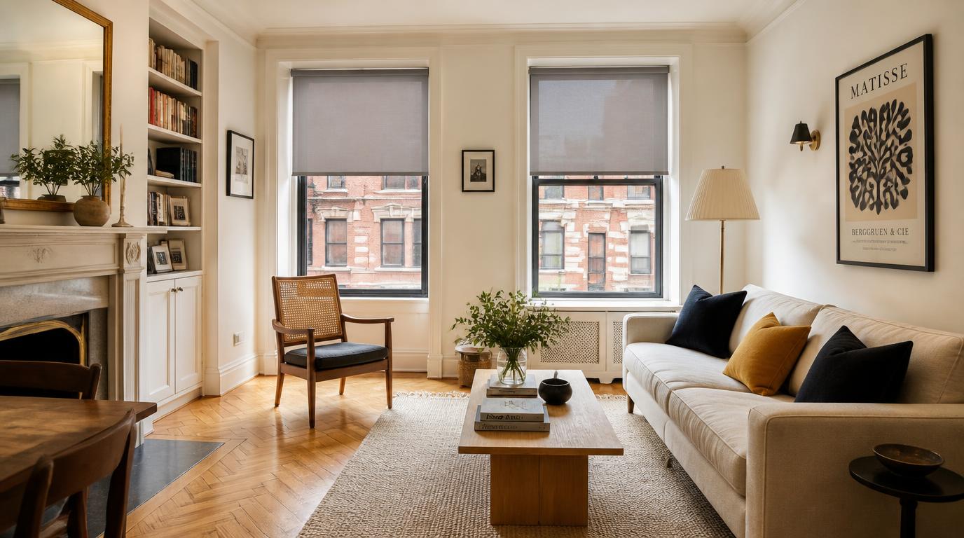 New York apartment living room with custom window shades