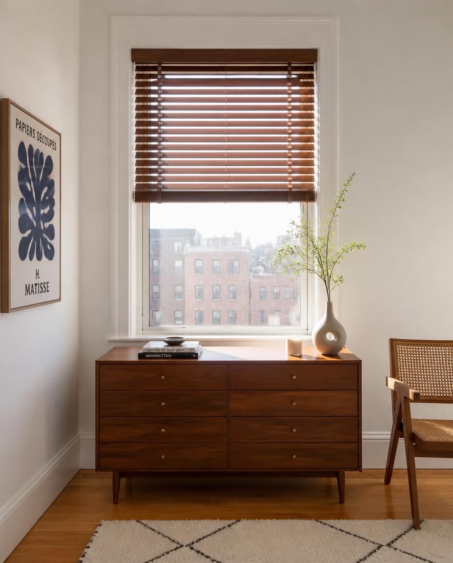 Warm wood blinds in a living room