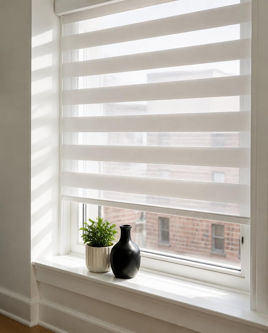 Zebra shade half open in a bright room